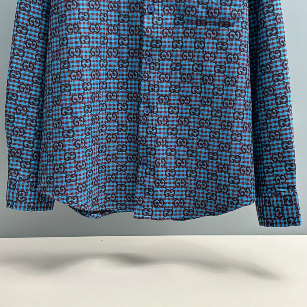 Long-sleeve shirt with blue Gucci GG check pattern and button placket