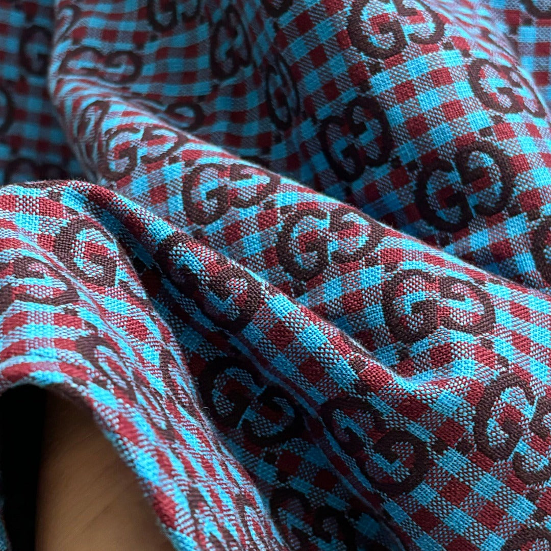 Long-sleeve shirt fabric detail, blue plaid with Gucci GG motifs
