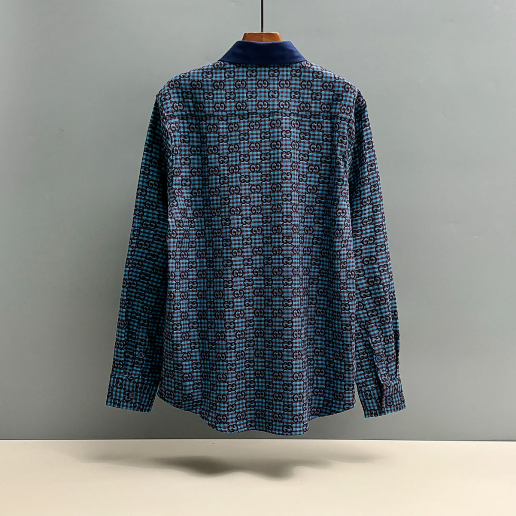 Long-sleeve shirt back view with blue Gucci GG pattern and navy collar
