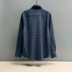 Long-sleeve shirt back view with blue Gucci GG pattern and navy collar
