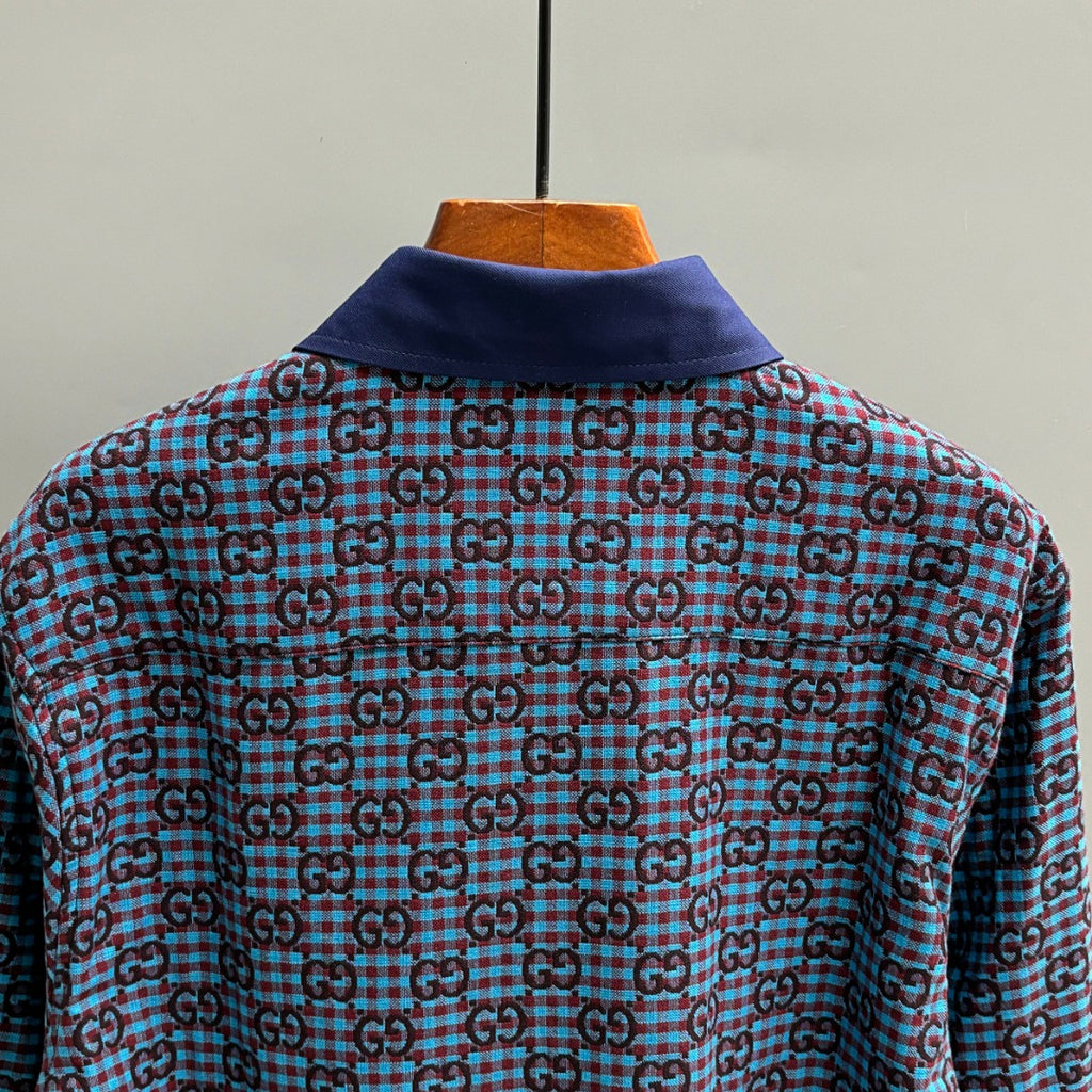 Long-sleeve shirt shoulders with Gucci GG blue plaid and navy collar