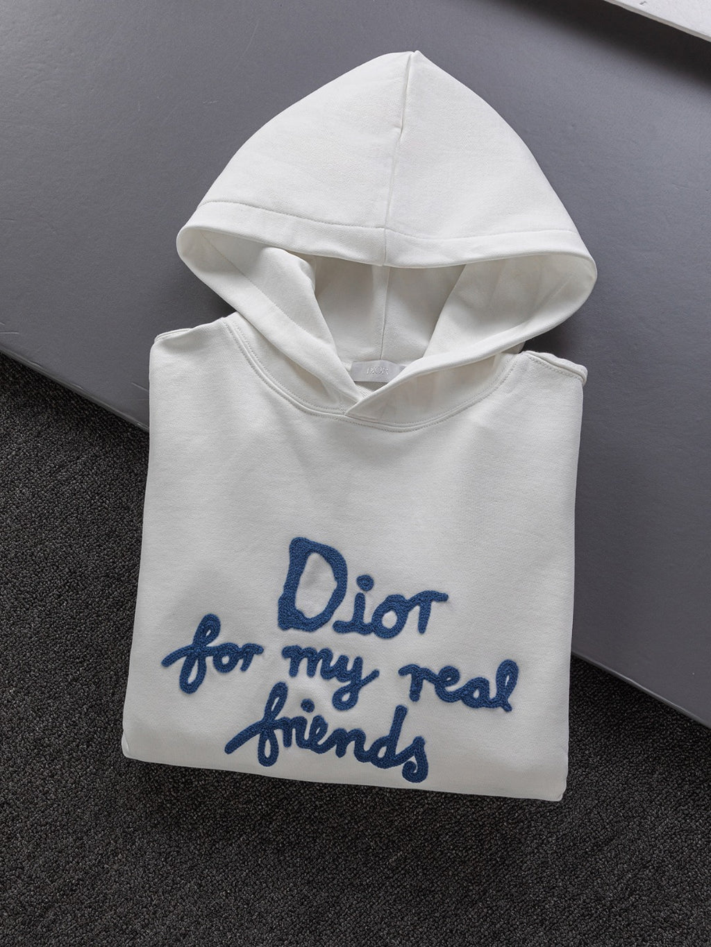 White Dior hoodie with blue 'Dior for my real friends' front print