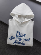 White Dior hoodie with blue 'Dior for my real friends' front print