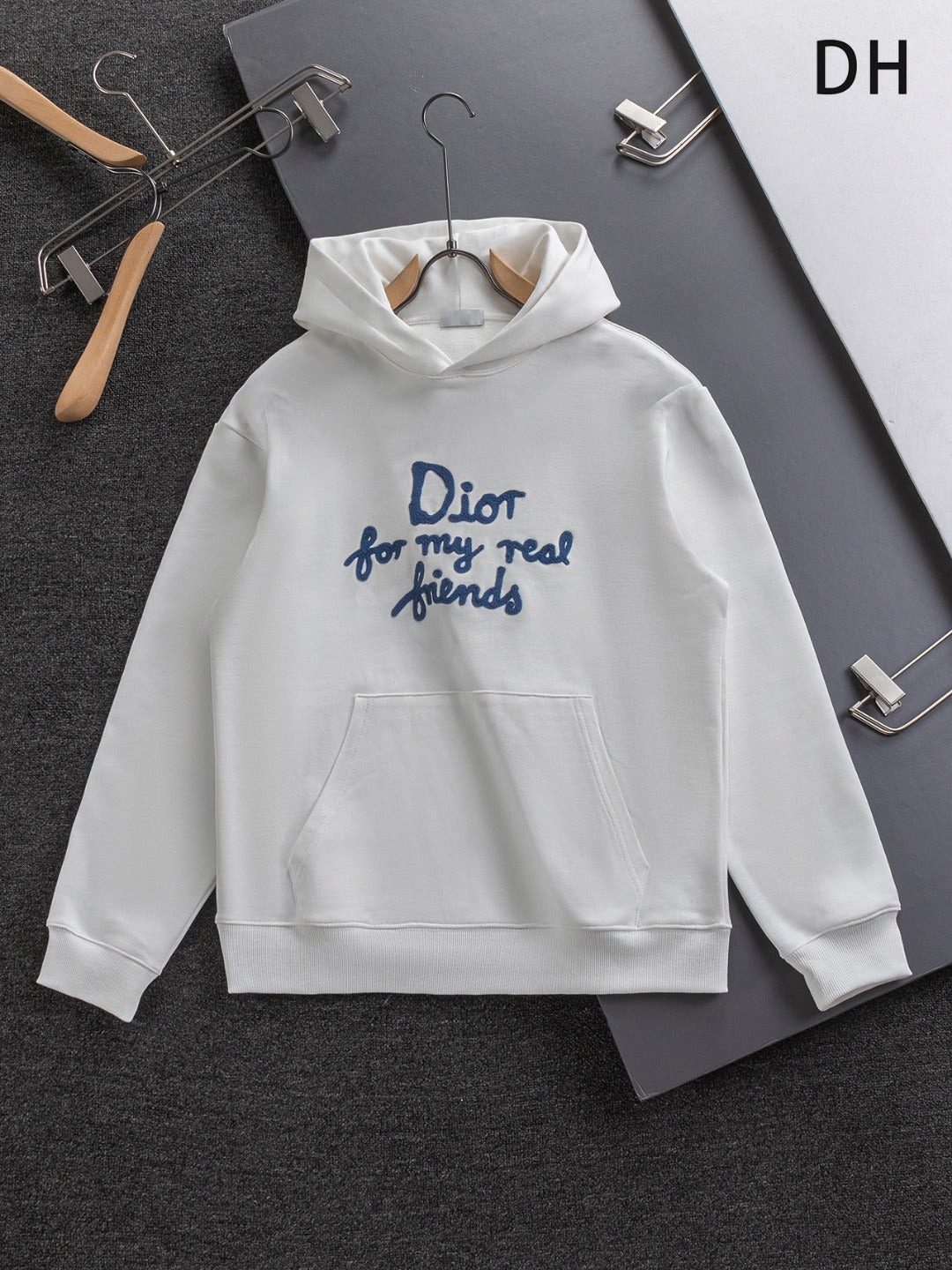 White Dior hoodie with blue 'Dior for my real friends' logo