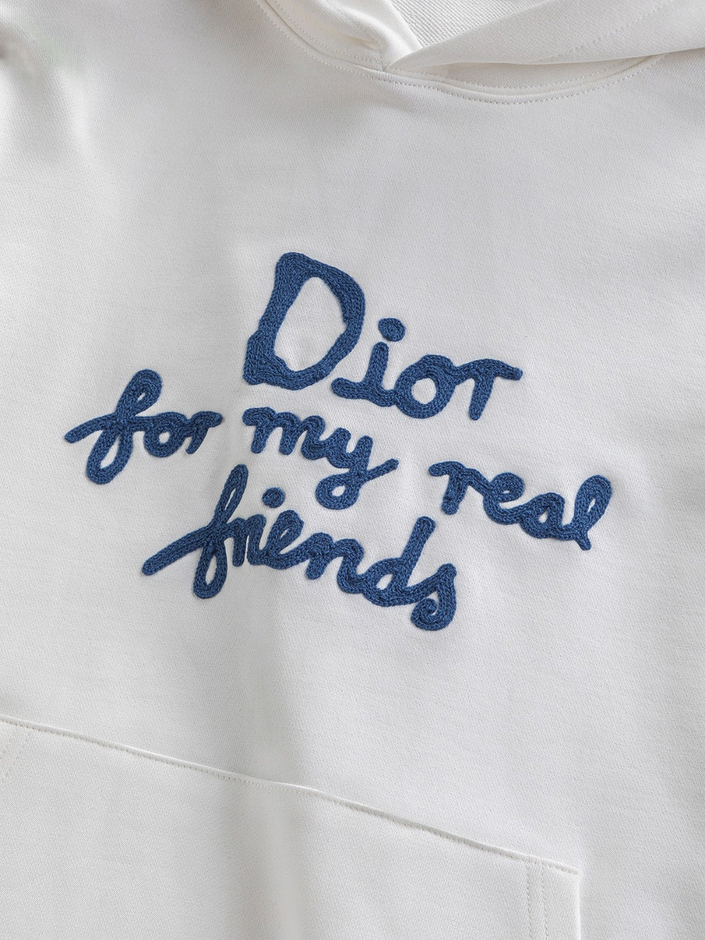 White Dior hoodie with blue 'Dior for my real friends' chest text