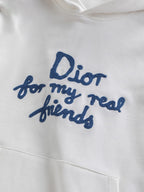 White Dior hoodie with blue 'Dior for my real friends' chest text