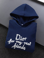 Dior long-sleeve hoodie, navy blue with hood and front 'Dior for my real friends' graphic