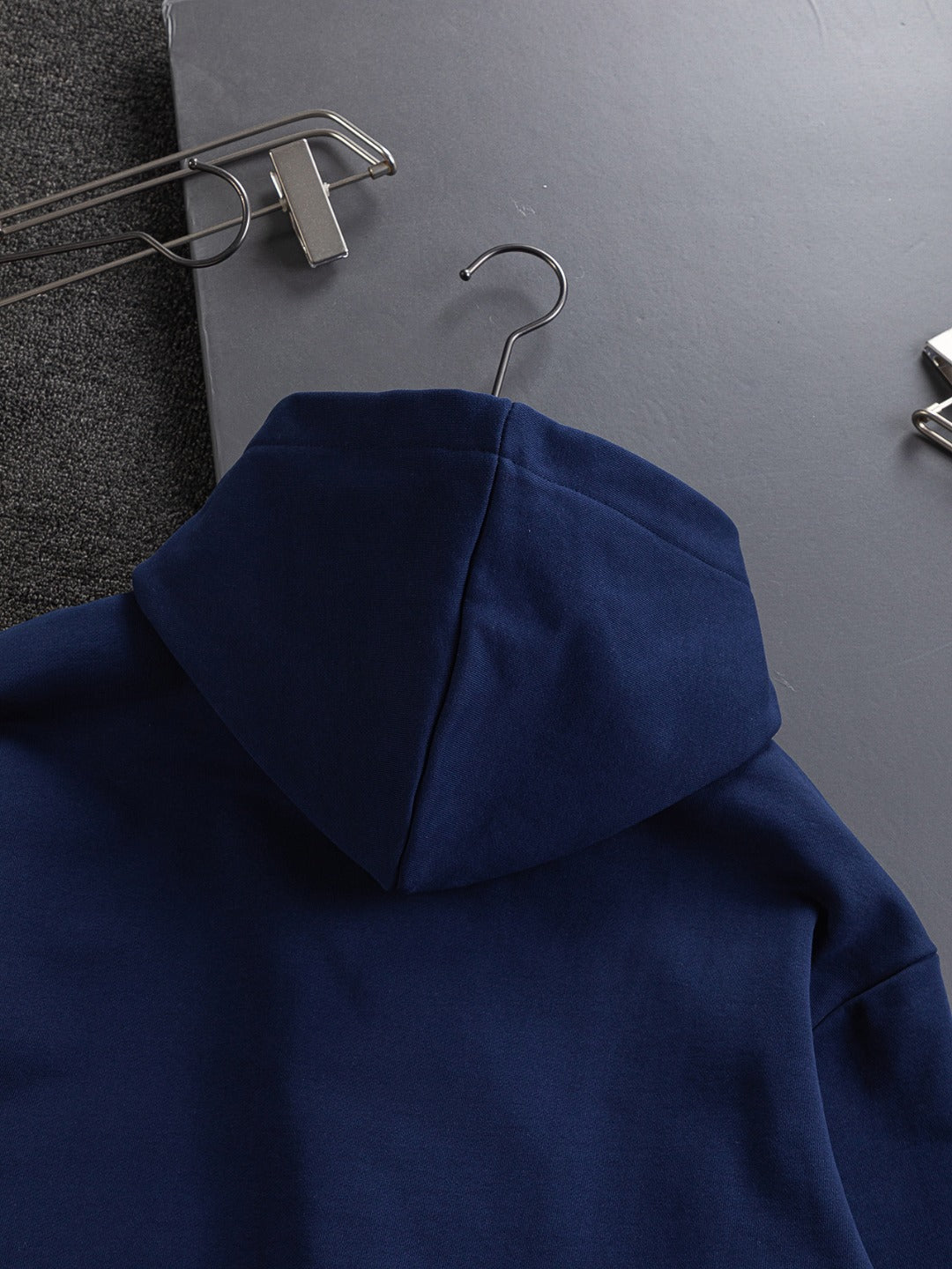 Dior long-sleeve hoodie, navy blue with hood and back view