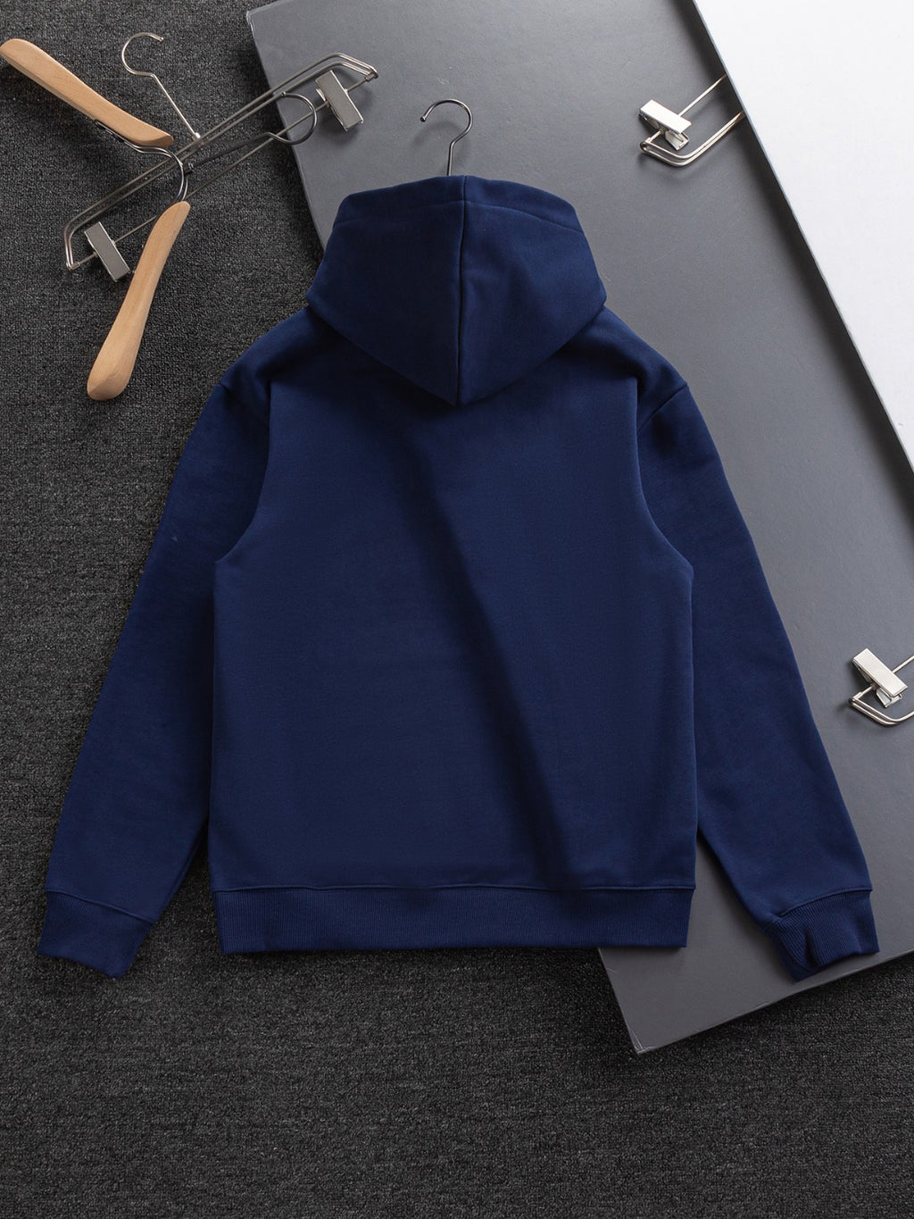 Dior long-sleeve hoodie, navy blue with hood and full front view