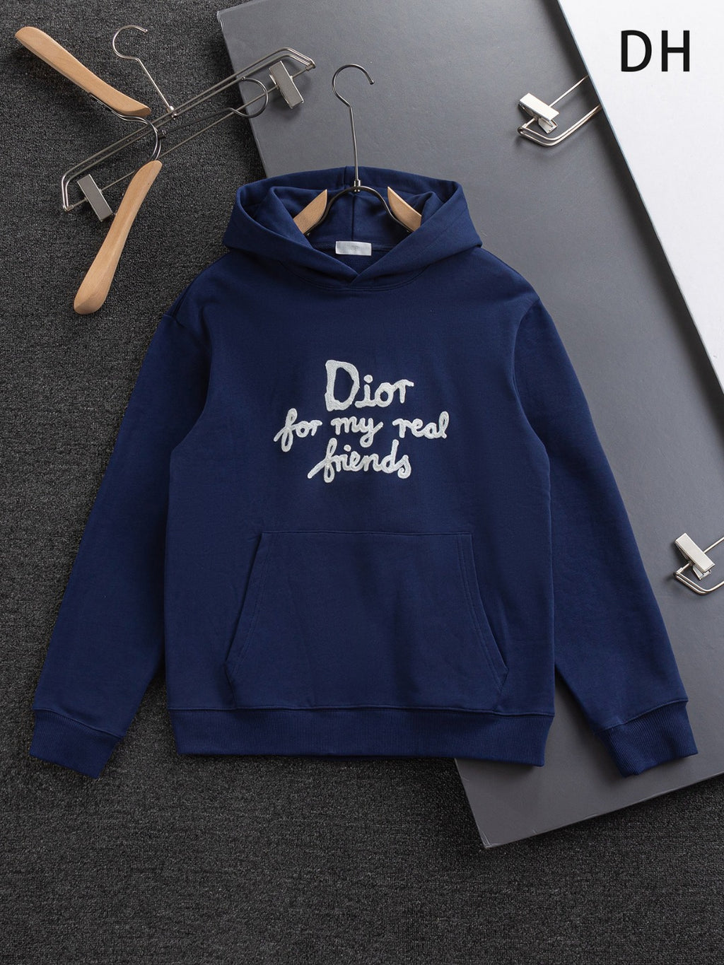 Dior long-sleeve hoodie, navy blue with 'Dior for my real friends' graphic