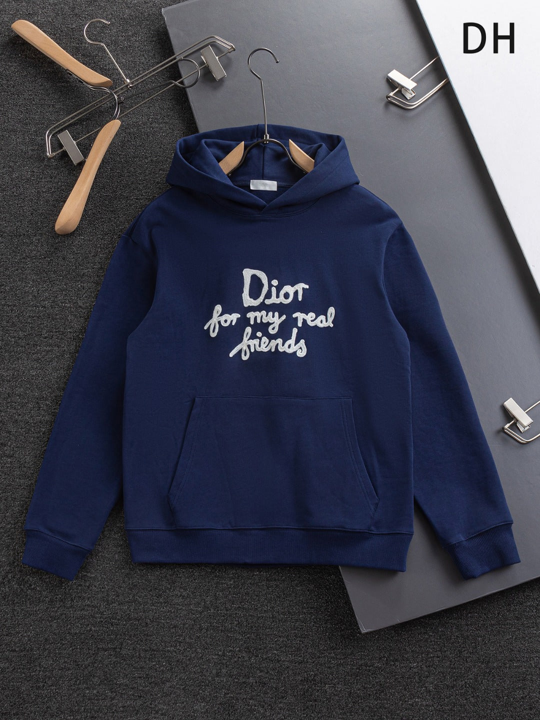 Dior long-sleeve hoodie, navy blue with 'Dior for my real friends' graphic