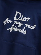 Dior long-sleeve hoodie, navy blue with large 'Dior for my real friends' print
