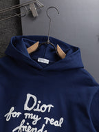 Dior long-sleeve hoodie, navy blue with 'Dior for my real friends' text