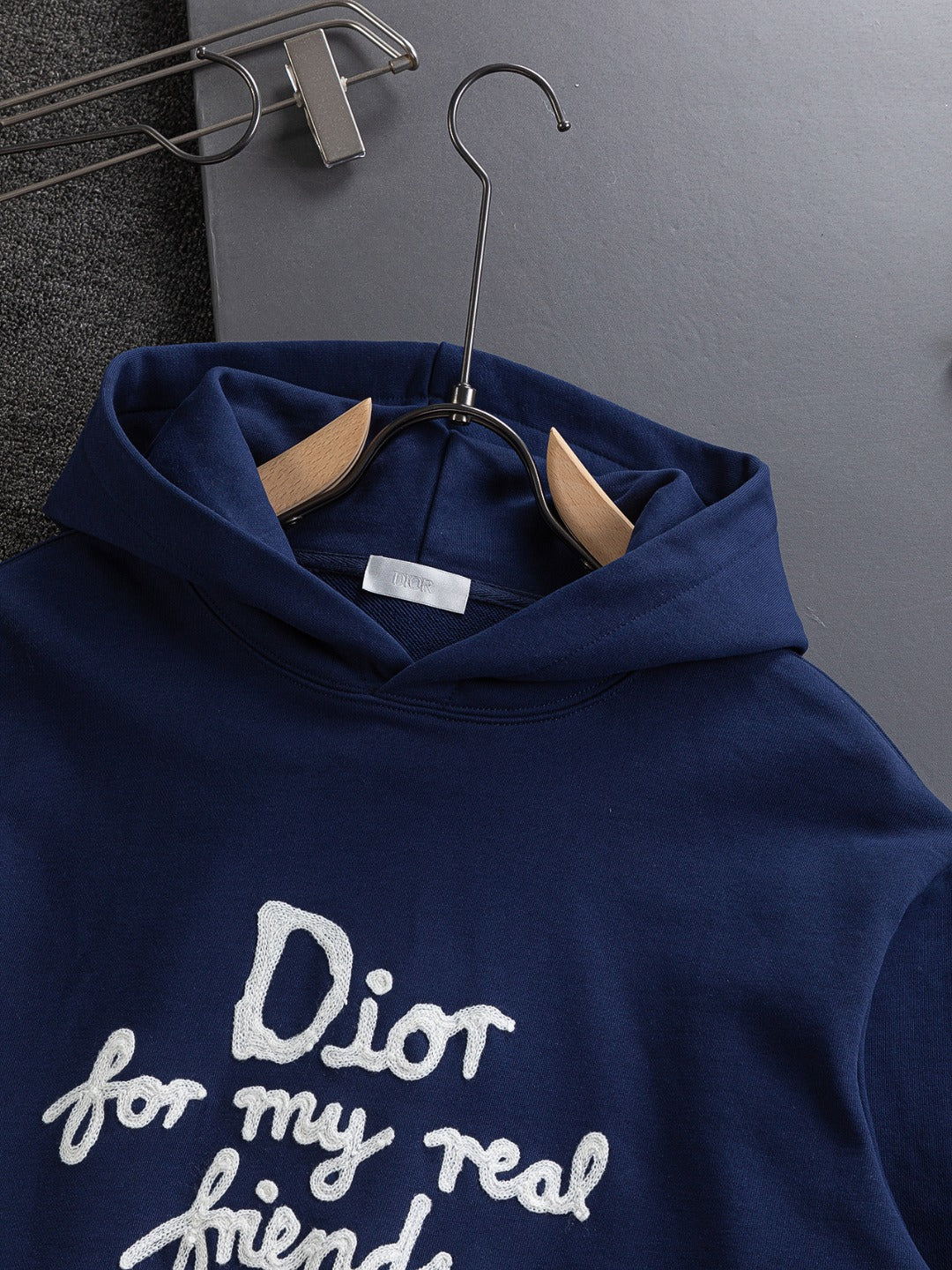 Dior long-sleeve hoodie, navy blue with 'Dior for my real friends' text