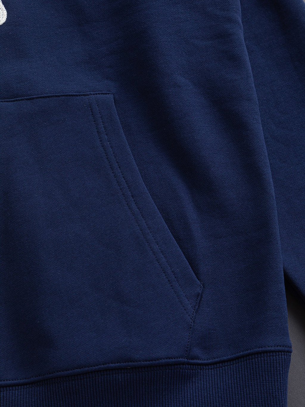 Dior long-sleeve hoodie, navy blue with side seam and pocket detail