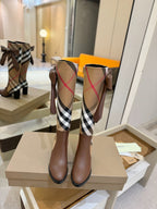 Burberry tall heeled boots with check-print panel and brown ribbon bow