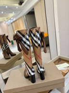Burberry check-print heeled boots with bow, view of heel and shaft