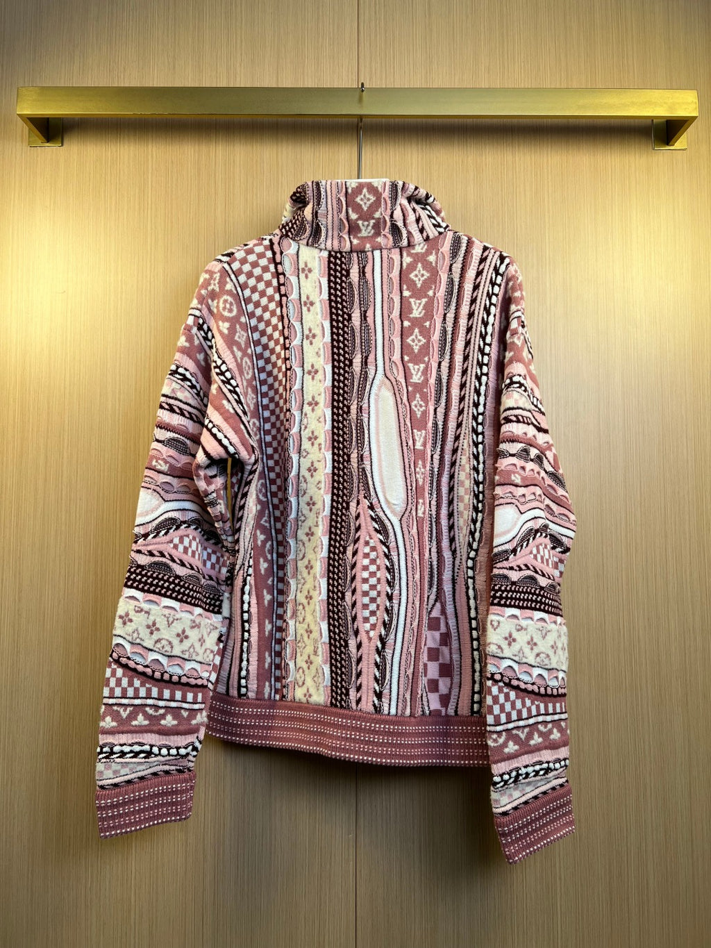 Long-sleeve cardigan with stand collar, multicolor knit print, front view on hanger
