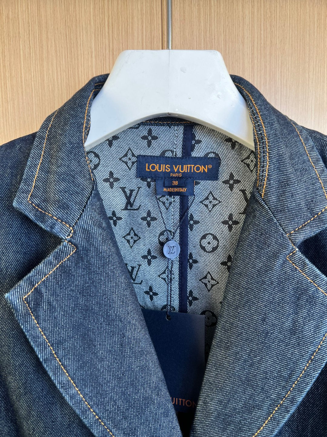 Louis Vuitton denim jacket collar with monogram-style inner lining