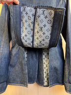 Denim jacket interior lining panel with monogram-style pattern
