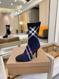 Navy ankle boots with plaid check panel and slim stiletto heel