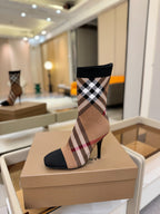 Burberry check knit heeled ankle boots with black sock cuff