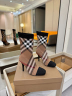 Burberry check knit heeled ankle boots, beige plaid with black toe and cuff