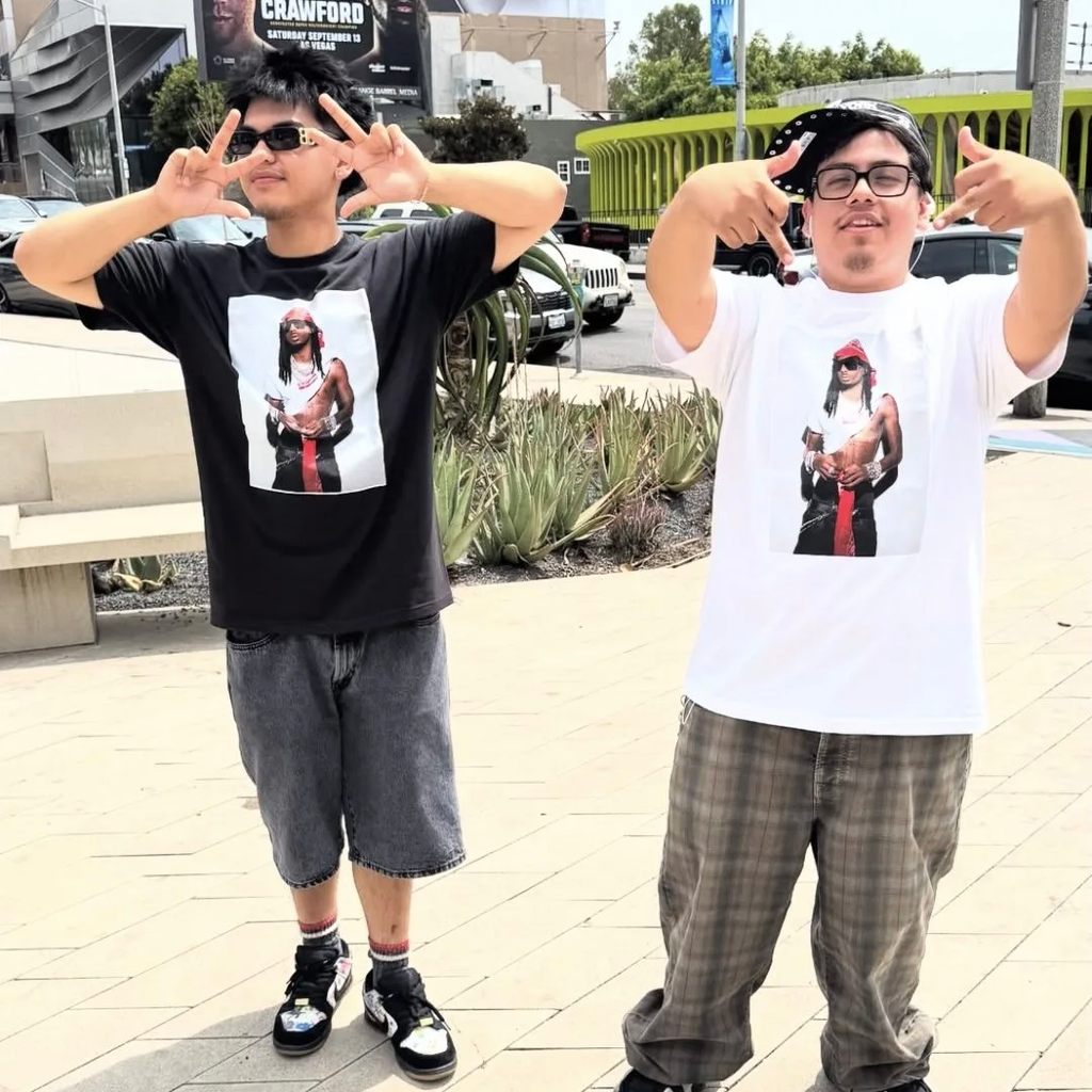 Black and white graphic T-shirts with square portrait photo prints on front