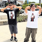 Black and white graphic T-shirts with square portrait photo prints on front