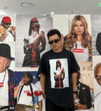 Black graphic T-shirt with square portrait photo print on front