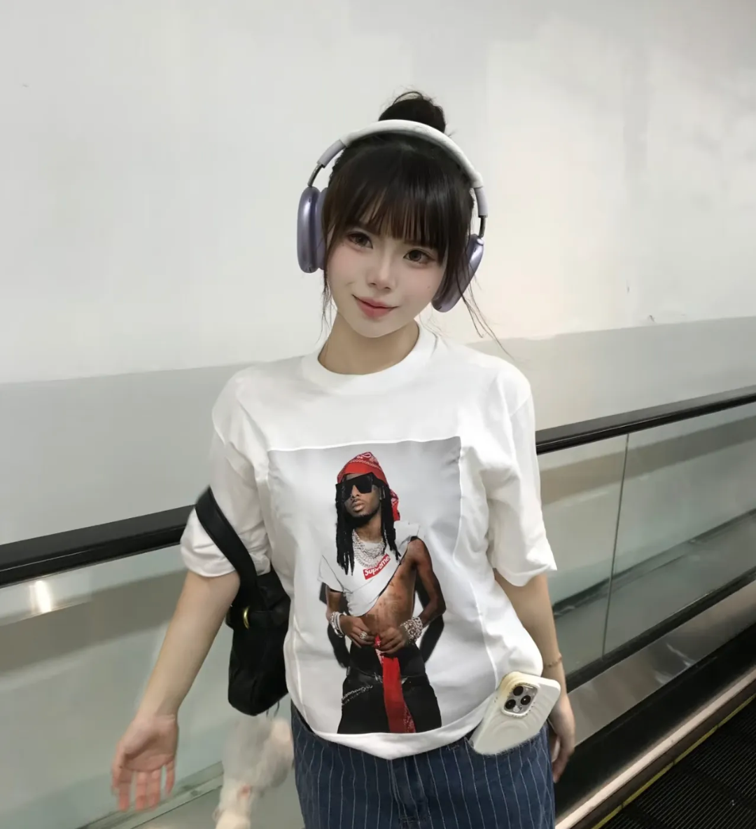 White graphic T-shirt with square portrait photo print on front, short sleeves