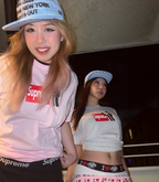 Stussy light pink T-shirt with Supreme logo graphic