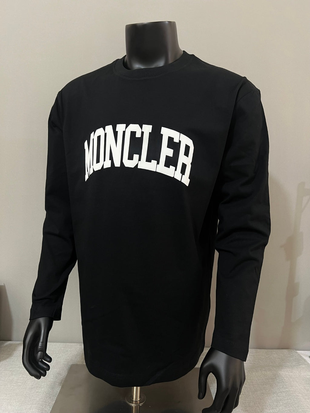 Black Moncler long-sleeve T-shirt with large white MONCLER logo front