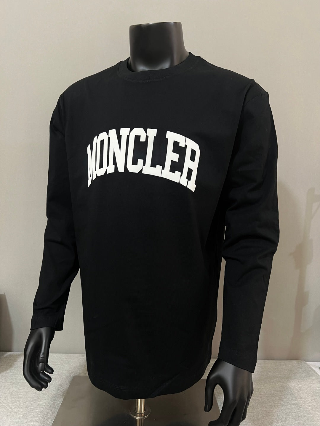 Black Moncler long-sleeve T-shirt with large white MONCLER logo front