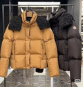 Long puffer jacket with faux-fur hood, tan front and black backing, full-zip