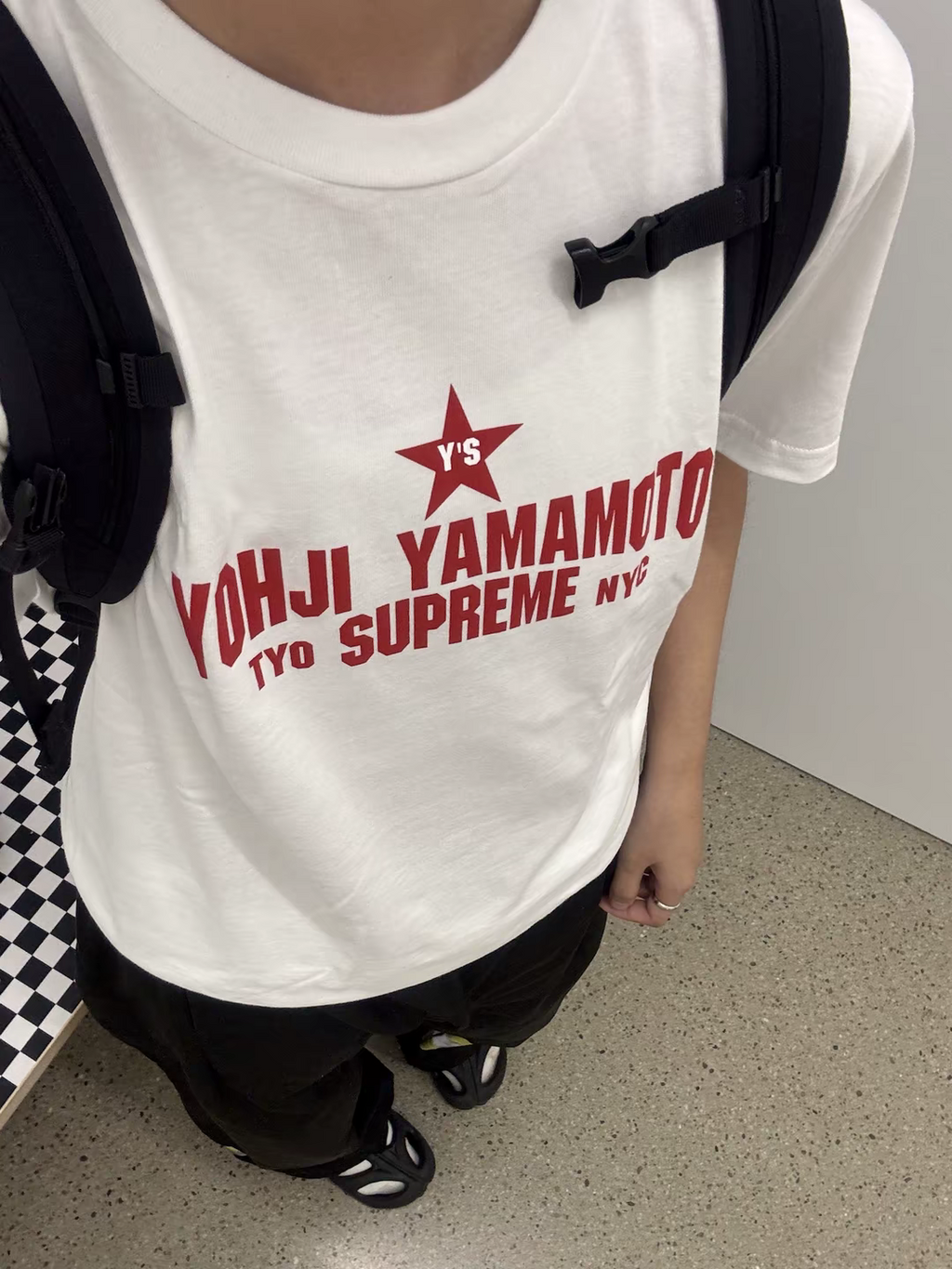 White crew-neck T-shirt with red YOHJI YAMAMOTO logo print