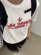 White crew-neck T-shirt with red YOHJI YAMAMOTO logo print