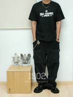 Black graphic T-shirt with white YOHJI YAMAMOTO logo and star print
