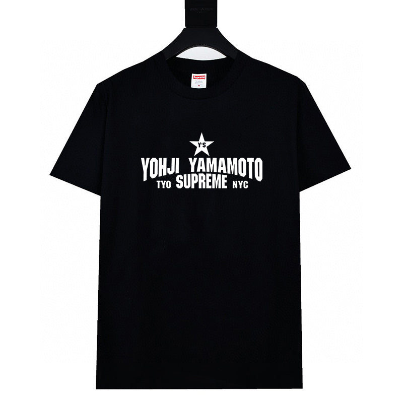 Black graphic T-shirt with white and red YOHJI YAMAMOTO logo print