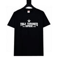 Black graphic T-shirt with white and red YOHJI YAMAMOTO logo print