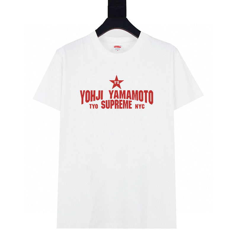 White graphic T-shirt with red YOHJI YAMAMOTO logo print