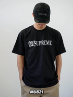 Black crew-neck T-shirt with white SUPREME chest graphic; MU821
