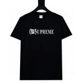 Black crew-neck T-shirt with white SUPREME graphic logo