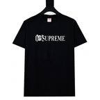 Black crew-neck T-shirt with white SUPREME graphic logo