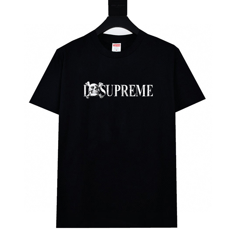 Black crew-neck T-shirt with white SUPREME graphic logo