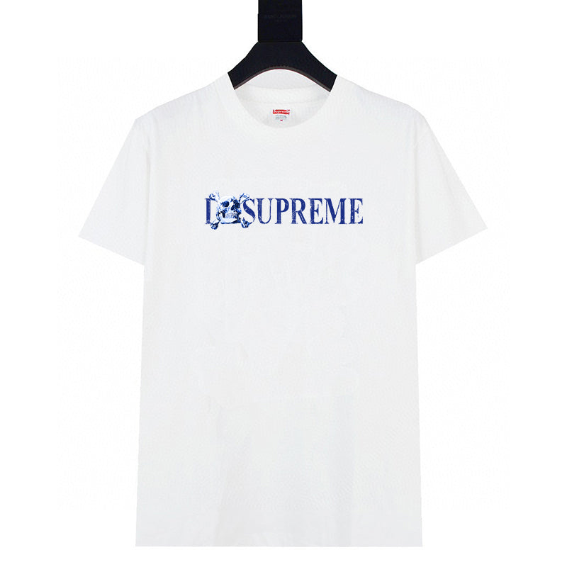 White crew-neck T-shirt with blue SUPREME graphic logo