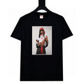 Black graphic T-shirt with square portrait photo print on front