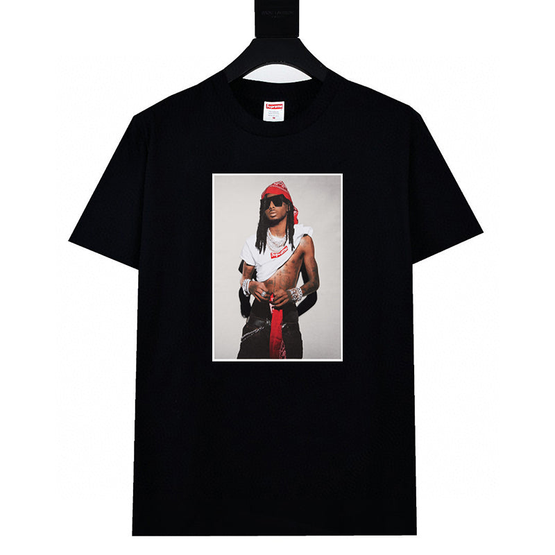 Black graphic T-shirt with square portrait photo print on front