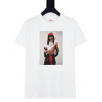 White graphic T-shirt with square portrait photo print on front