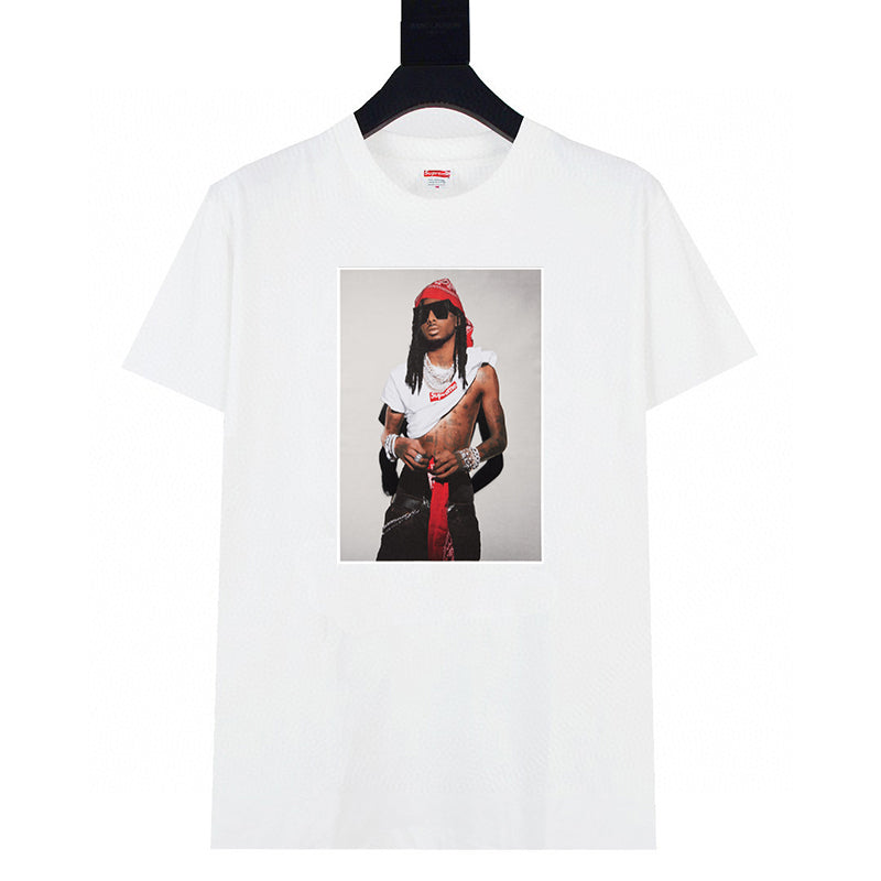 White graphic T-shirt with square portrait photo print on front
